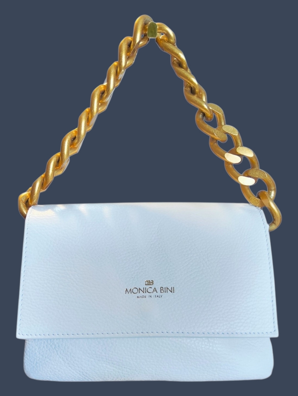 Monica Bini White  Leather Shoulder Bag - Chunky Gold Chain - Made in Italy